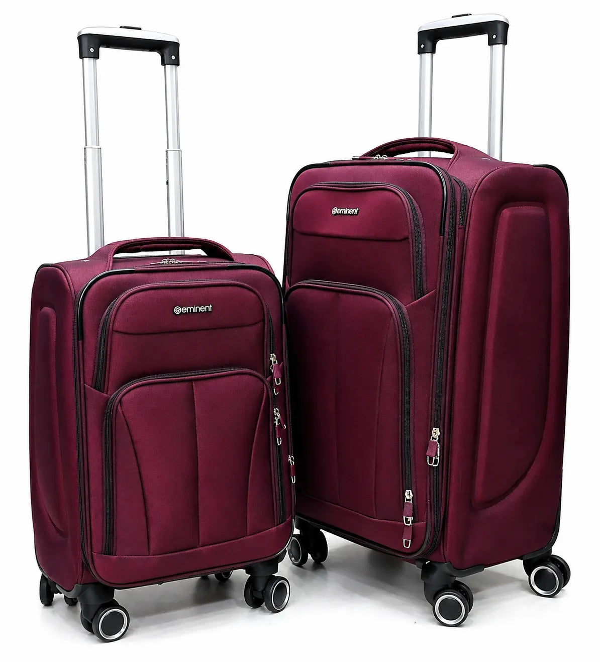 Eminent softside luggage trolley bag in maroon color with spinner wheels