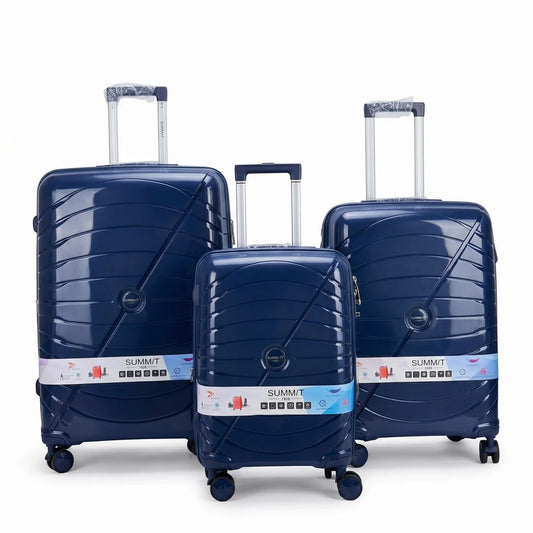 Summit hard shell suitcase set with durable PP body, secure zipper, and expandable storage